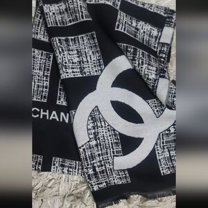 New Chanel Black and White Logo Scarf, Cashmere & Silk, GWP